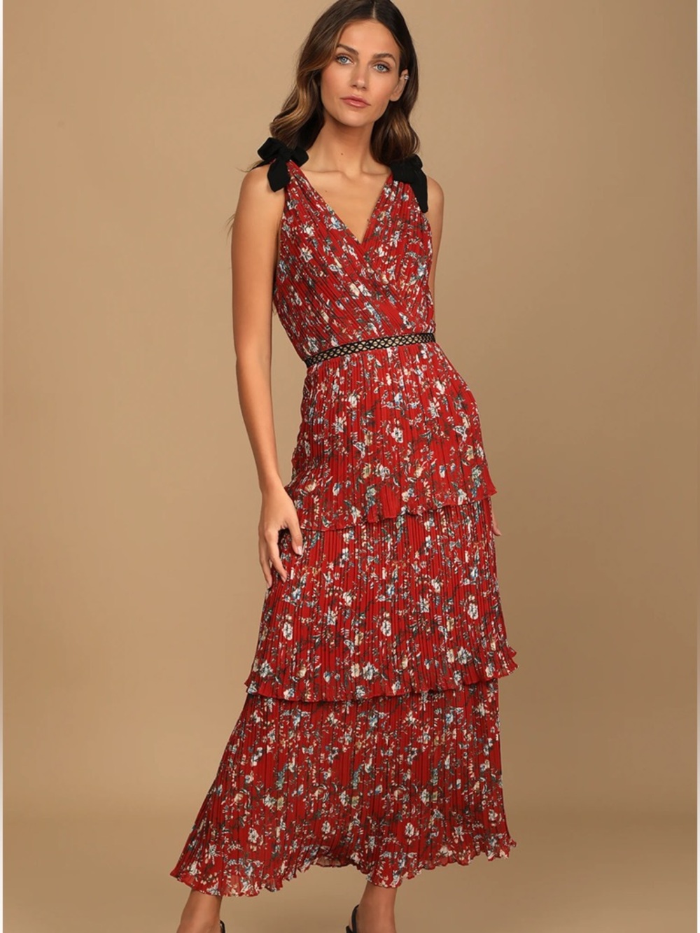 Lulu's Red Floral Tiered Maxi Dress with Black Shoulder Ties